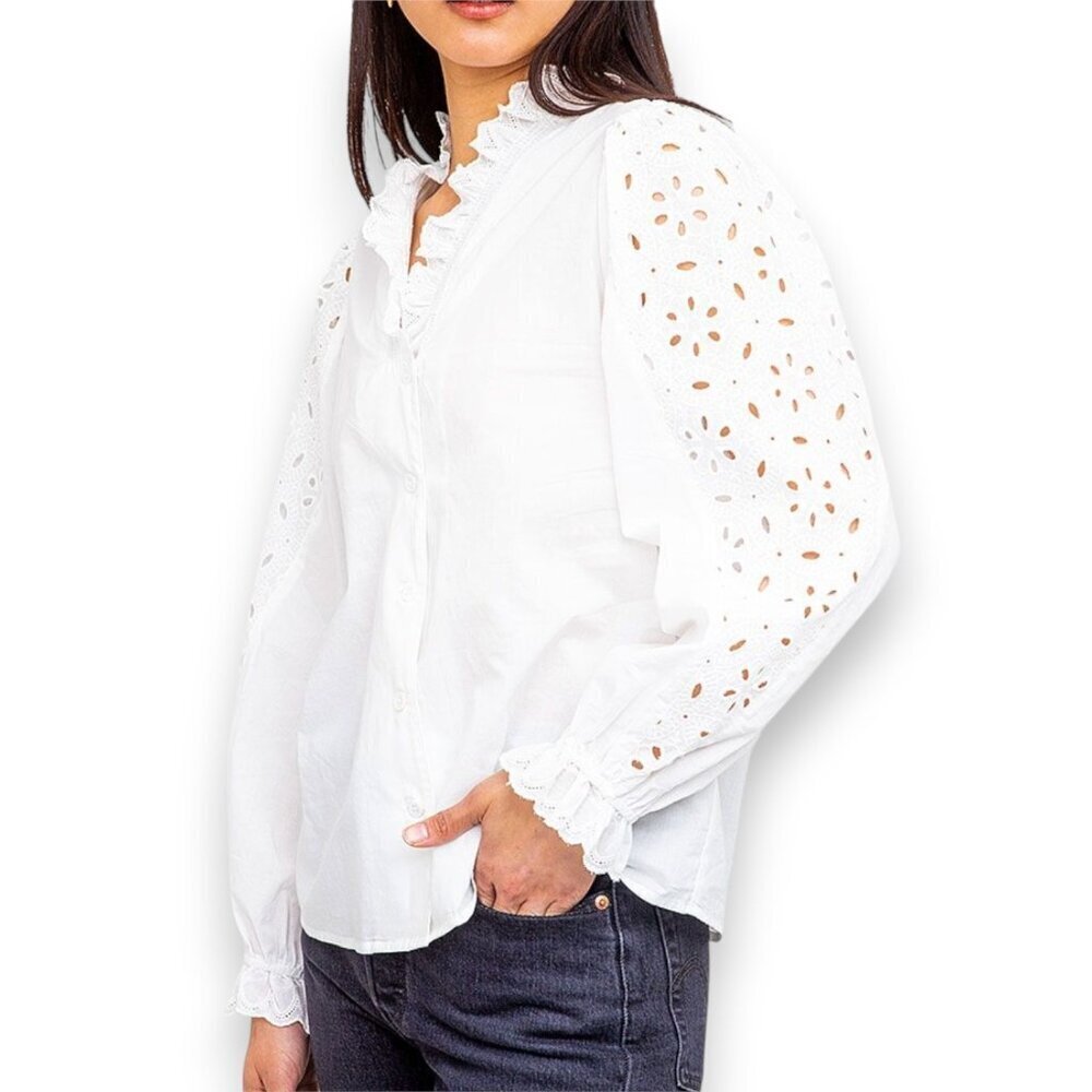 NWT FRNCH Romantic Eyelet Lace Ruffle Sleeve Blouse Size Small Cotton